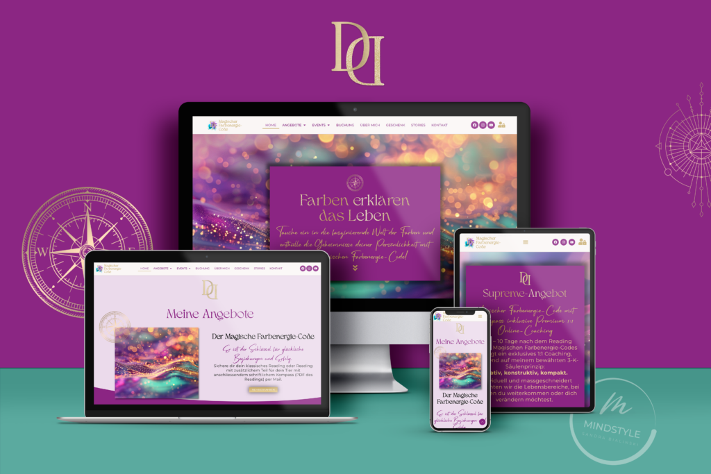 Mockup einer stilvollen, femininen, individuellen WordPress-Website in pink und kraftvollen Farben für Denise Disler zur Vermarktung des Magischen Farbenergie-Codes, erstellt von Sandra Bialinski von MindStyle Webdesign.