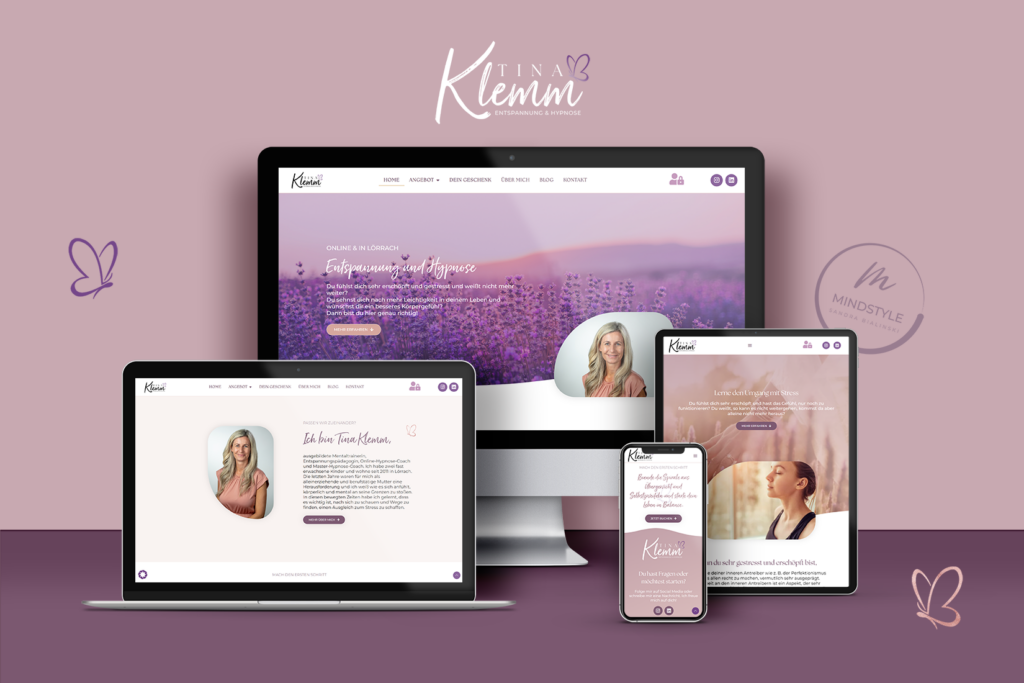 Mockup eines stilvollen, femininen Webdesigns in violett und rosa für Hypnosetherapeutin und Leichtigkeitstrainerin Tina Klemm, erstellt auf Basis eines vordefinierten WordPress-Templates von Sandra Bialinski von MindStyle Webdesign.