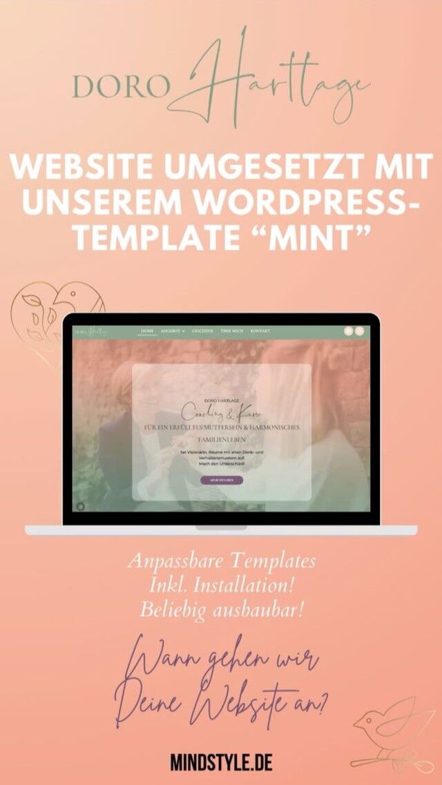 Hier mal ein kleines Website-Beispiel von einer unserer Template-Kundinnen, @doro.hartlage. Sie hatte vorher schon eine Website, die allerdings etwas farb- und emotionslos wirkte. 

Neben einem ansprechenderen Design wollte sie einen Funnel für ihr 0€-Angebot sowie einen Newsletter aufbauen und Interessentinnen die Möglichkeit geben, sich für ihre geplanten Mom Circles und PEKiP-Babykurse auf die Warteliste zu setzen oder ihren Platz im Female Empowerment Mentoring direkt online über ihre Website zu buchen. 

Gesagt, getan. Wir haben ihr eine saubere WordPress-Basis installiert, ihr Wunsch-Template aufgespielt (sie hat sich für unser Design "mint" entschieden), ihre Texte übernommen und das Design ihren Wünschen angepasst. 

So ist es zwar dasselbe Template, wirkt aber doch wieder ganz anders durch die anderen Farben und ein paar Besonderheiten, die wir angepasst haben. 

On top hat Doro ein integriertes E-Mail-Marketing-Tool bekommen, um ihre Funnel, Wartelisten und ihren Newsletter umzusetzen. Als sie zu uns kam, hatte sie bereits ein externes Terminbuchungssystem, das sie gern weiterverwenden wollte. Das haben wir im Zuge der Umsetzung gleich mit an ihre neue Website angebunden. 

Zack, neue Website! So einfach kann's gehen. Obendrein bietet ihr neuer Web-Auftritt technisch die beste Ausgangslage, um zukünftig weiter zu wachsen - zum Beispiel um einen integrierten Webshop oder einen Mitgliederbereich. 

Wie gefällt Dir der Look?

Und meine Herzensempfehlung darf natürlich auch nicht fehlen: Wenn Du Dich als Frau und Mutter gerade ein wenig verloren und "nicht richtig" fühlst, kann ich Dir Doro und ihre Angebote nur ans Herz legen. Ob Mentalcoaching, Babykurse, Mom Circles oder Female Empowerment Mentoring - sie hat viele tolle Angebote für Frauen, Mütter und Familien in ihrem Werkzeugkoffer. Vor Ort in Ettlingen und online. ❤
*
#website #websitetemplate #wordpresstemplate #wordpress #sichtbarkeit #onlinemarketing #gründerinnen #unternehmerin #gründerin #unternehmerinnen #businessfrauen #mentalcoach #pekip #baby #familienberatung #momcircle #femaleempowerment #frauenunterstützenfrauen #frauenundbusiness #selbstständigefrauen #onlinecoach #webseite #homepage
