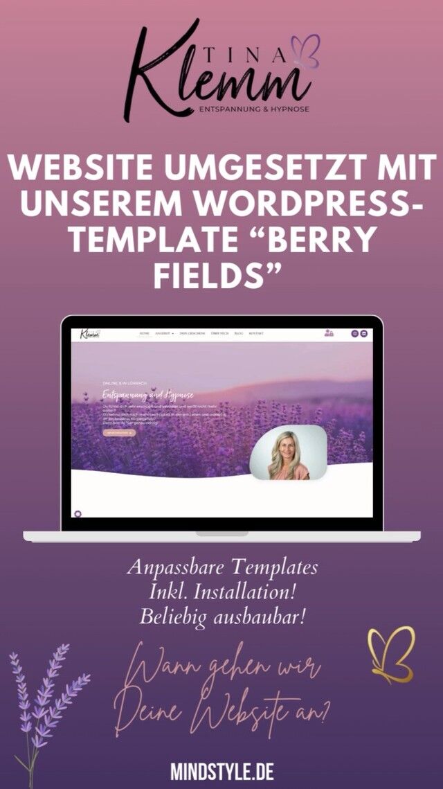 Und wieder eine Website-Template-Kundin! ❤️ @tina_klemm_1 ist Master Hypnose-Coach und hatte schon eine Website, als sie auf die Ladies von @deinfrauraum.de und mich zukam. Lustigerweise hatte sie auf ihrer bisherigen Website auch schon das Bild von diesem wunderschönen Lavendelfeld. Dort kam es allerdings gar nicht so richtig zur Geltung. 

Als ich mich näher mit Tina unterhalten hatte, dachte ich mir sofort: Unser Website-Template "Berry Fields" passt perfekt zu ihr und ihrer Zielgruppe. Weiche Formen, beerige Farben, aber dennoch hell und einladend. 💜

Wir haben ihr ein neues WordPress-System installiert, das Template sowie einen Blogbereich eingefügt, die neue Website-Struktur abgestimmt, ihre neuen Texte übernommen und als Sahnehäubchen gab es für Tina noch ein neues Logo mit dem Schmetterling an Sinnbild für Transformation. 

Für die Automatisierung ihres Marketings haben wir ihr ein E-Mail-Marketing-Tool implementiert und zur Bereitstellung ihrer Online-Kurse gab es einen integrierten Mitgliederbereich. 

Dank unserer vordefinierten Templates konnte die Seite schnell live gehen und Tina hat jetzt eine super Basis, um ihre Angebote zu vermarkten. 

Du kannst natürlich in der vielfachen Zeit noch selbst rumprobieren und versuchen, Deine Website selbst zu bauen oder Du sparst Dir die Stresspusteln und einiges an Frust und wir reden einfach mal über die Optionen, denn wir haben garantiert auch das passende Paket für Dich! Du entscheidest! ❤️
*
#website #webdesign #websitetemplate #wordpress #wordpresstemplate #hypnosecoach #hypnosecoaching #onlinecoaching #gründerin #unternehmerinnen #frauengründen #businessfrauen