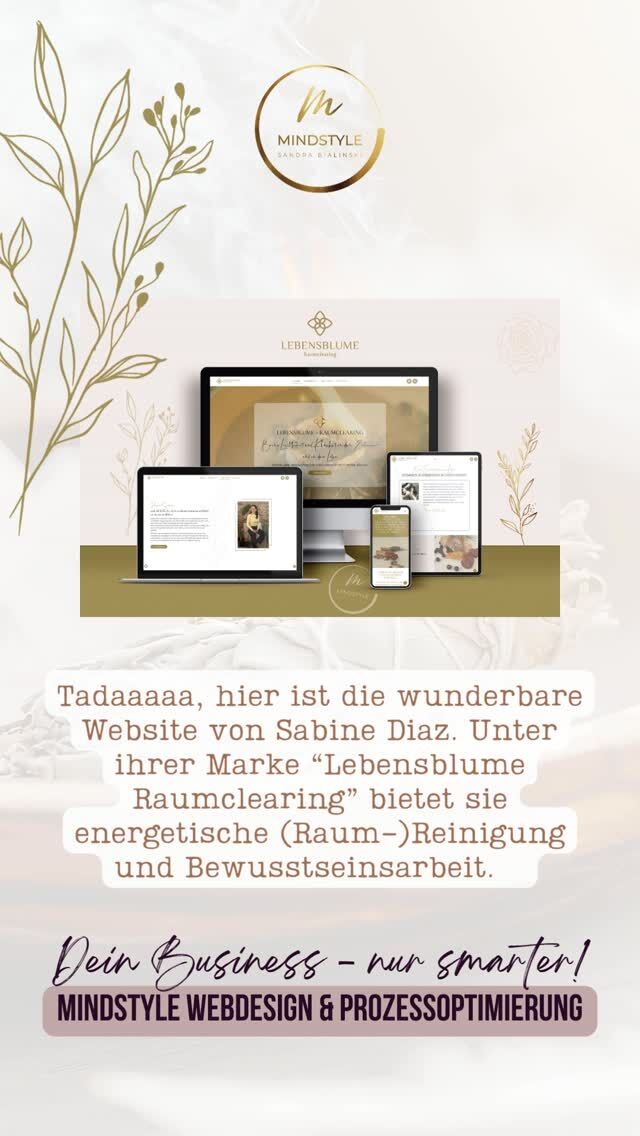 Trommelwirbel....Tusch....das ist die wunderbare Website von Sabine Diaz. Unter der Marke @lebensblume_raumclearing "Lebensblume Raumclearing" findest Du bei ihr energetische (Raum-)Reinigung und Bewusstseinsarbeit. Sie wünschte sich eine Website, die ganz ihrer eigenen Energie entsprach und über die sie ihre Angebote edel und wertig vermarkten kann. 
Und es durfte durchaus schnell gehen mit dem Website-Aufbau. Ihre Angebote und Workshops wollten endlich raus in die Welt. 

So war schnell klar, dass die perfekte Wahl für sie eins der vordefinierten Website-Templates sein würde, die in Zusammenarbeit mit den tollen Ladies von @deinfrauraum.de entstanden sind. 

Der einfachste Weg zur BÄM-Website:
Wir haben WordPress und das gewählte Design-Template installiert, ihr ein einzigartiges Brand Design für ihre Marke aufgebaut und so das Template ganz zu IHREM gemacht, am Ende noch Bilder und Texte eingefügt und schon konnte es losgehen. 

Wie gefällt Dir der Look?

Hi, ich bin Sandra – Ruhrpott-Pflanze in Heidelberg, Website-Fee & Prozess-Nerd, damit DU mehr Zeit fürs Wesentliche hast!
Wenn Du Deine Website nicht nur schön, sondern auch smart haben möchtest, nur so semi-gut in Technik bist und Sichtbarkeit, Marketing, Technik und Deine Kunden unter einen Hut bekommen möchtest, ohne durchzudrehen, follow me!
⠀
👉 Hier teile ich meinen Content rund um:
Webdesign • WordPress • Brand Design • Wartung • Funnel • Automatisierung • Webshops • Mitgliederbereiche • KI • Prozessoptimierung • Business Real Talk und wie Du das Meiste aus Deiner Zeit raus holst, ohne an echter Verbindung zu verlieren.
⠀
💬 Lost in Sachen Technik und Du möchtest endlich wieder mehr Zeit haben, bevor Dir Dein Business über den Kopf wächst? Oder Du wünschst Dir einfach eine wertige Website, die die Qualität Deiner Arbeit und Deine Energie spiegelt? Schreib mir „Talk“ in die Kommentare, wenn Du ein kostenfreies Kennenlerngespräch möchtest.
⠀
#mindstyle #websitetemplate #wordpresstemplates #zeitmanagement #businessskalieren #selbstständigefrauen #gründerin #wartung #websitesicherheit #unternehmerin #webdesign #branddesign #funnel #mitgliederbereich #umsatz #sichtbarkeit #ki #technikmentoring #wordpress